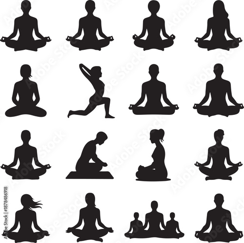 Collection of people practicing yoga poses in various sitting and standing positions