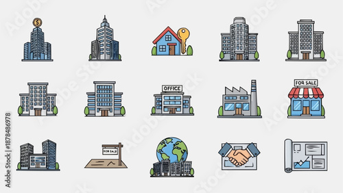 Collection of diverse building icons representing real estate and business.