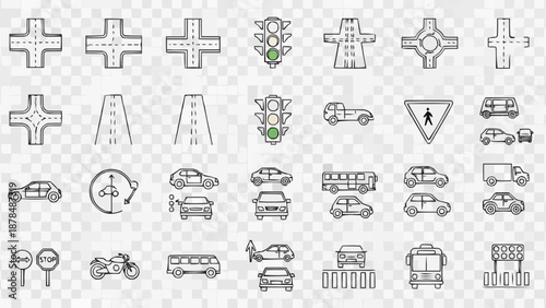 Collection of Transportation Icons and Road Symbols.