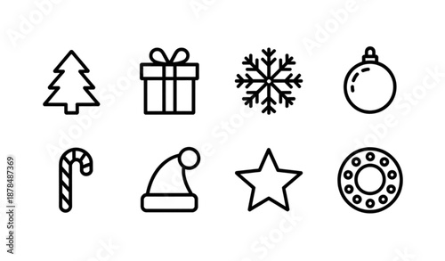Christmas Holiday Celebration Line Icon Set with Tree Gifts and Decorations