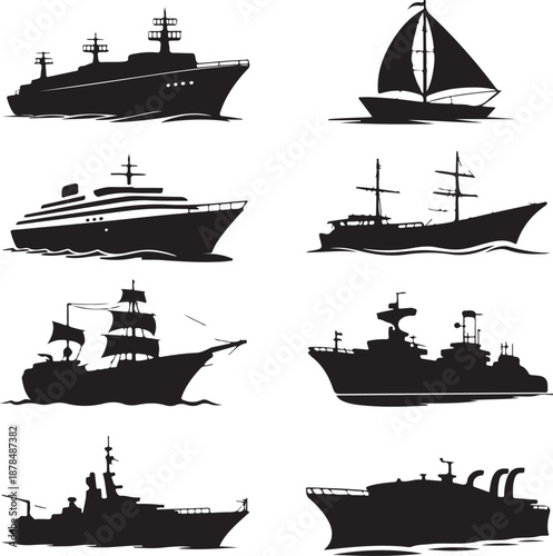 collection of various black silhouette ships and boats on water
