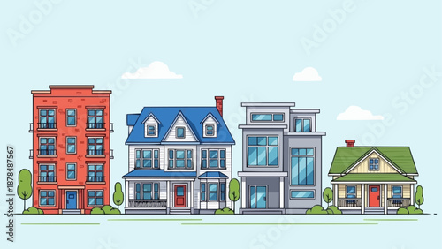 Diverse Residential Buildings Lined Up On A Street.