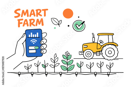 Smart farming technology illustration with mobile app and yellow tractor in field