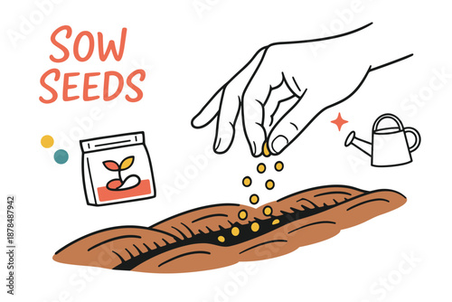 Hand sowing seeds in garden with seed packet and watering can illustration