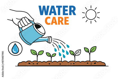 Watering plants under the sun: hand with watering can nurtures growing seedlings