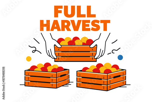 Fresh fruit harvest with wooden crates of apples and oranges