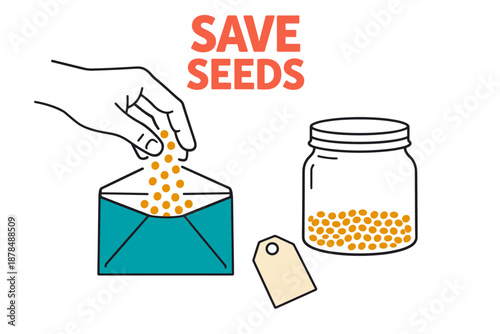 Seed saving illustration with hand, jar, and envelope