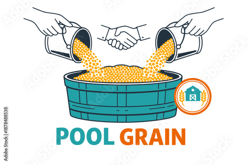 Handshake pooling grain into barrel with two hands pouring grain into barrel