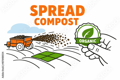 Organic compost spreading on field with green certification badge