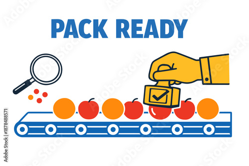 Quality control in fruit packaging with conveyor belt and approval stamp