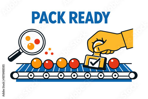 Quality control and inspection process on conveyor belt with magnifying glass