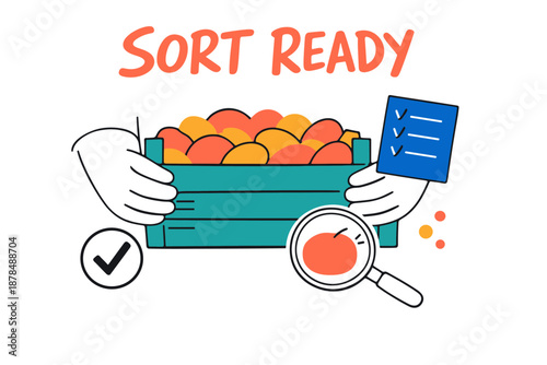 Cartoon hands sorting fresh produce box with magnifying glass and checklist