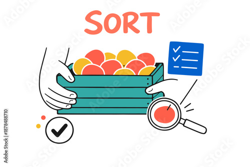 Sorting task with hands, fruit box, checkmarks, and magnifying glass illustration
