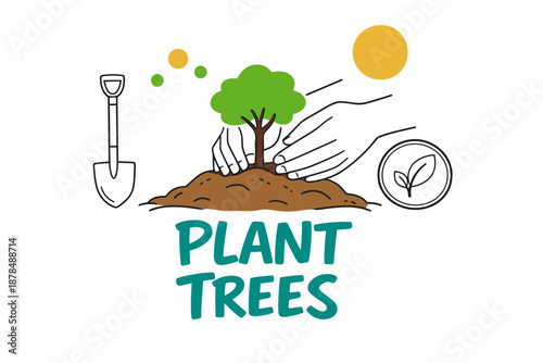 Hands planting tree seedling with shovel and sun illustrations