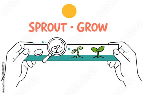 Hands holding growth process of plant with magnifying glass and sun illustration