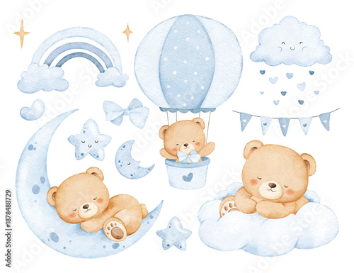 Watercolor Illustration Set Of Baby Bears with Nursery Elements