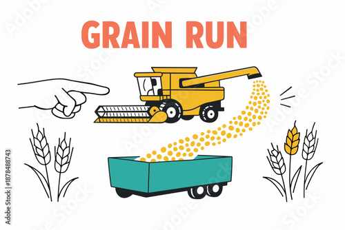Illustration of combine harvester pouring grain into trailer with wheat elements