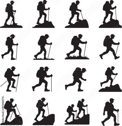 hiking silhouettes of people walking with trekking poles and backpacks