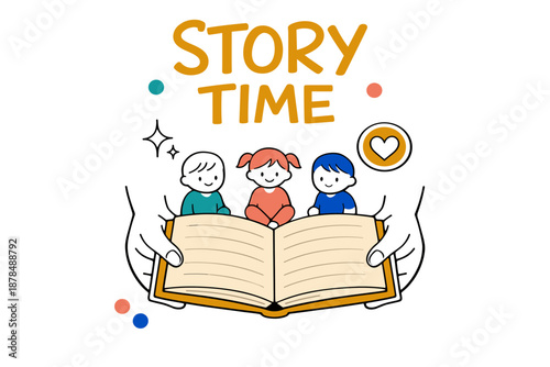 Story time illustration with children and open book illustration