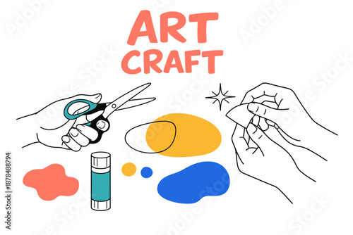 Art craft activity with scissors, glue stick, and colorful shapes