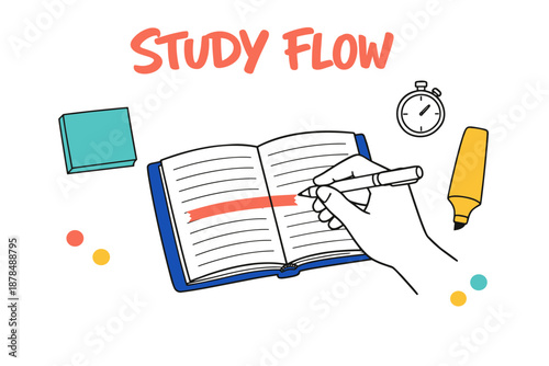 Hand writing in notebook with stationery and stopwatch illustration