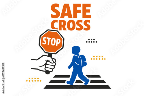 Child crossing safely with stop sign on crosswalk graphic design