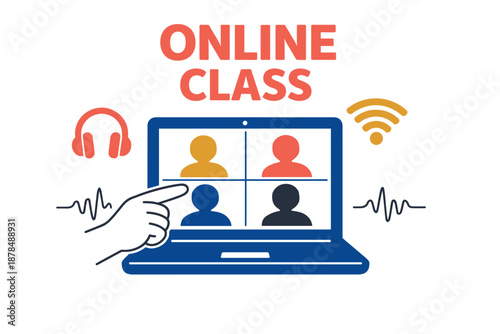 Online class illustration with laptop display and headset icons