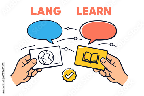 Language learning concept with speech bubbles and educational icons