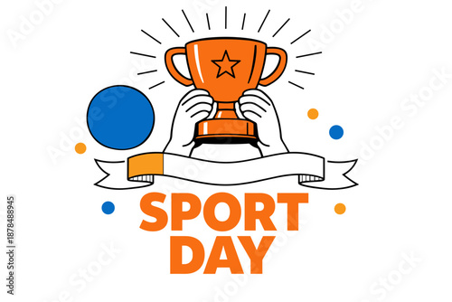Vibrant sport day banner with trophy and customizable ribbon design