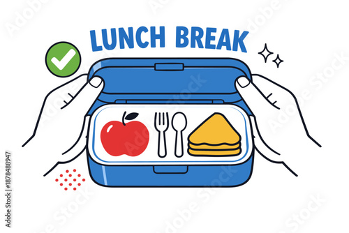 Lunch break illustration with packed lunch in blue container