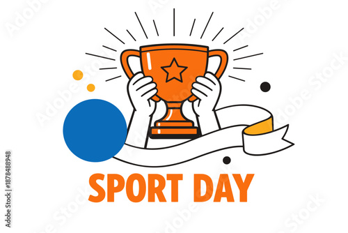 Champion's trophy illustration with hands and sport day banner