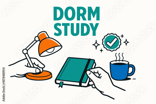 Illustrated dorm study scene with desk lamp, notebook, and coffee mug