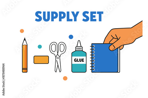 Essential supply set: pencil, scissors, glue, notebook in hand