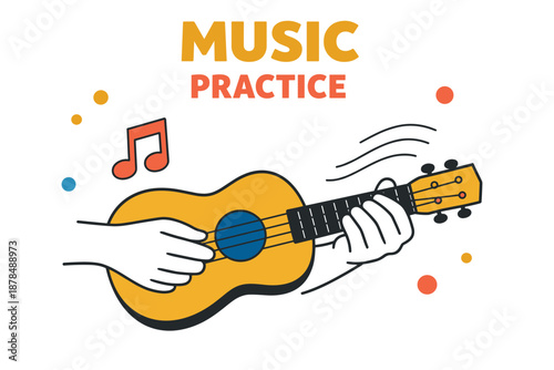 Hand playing acoustic guitar with music notes and colorful dots