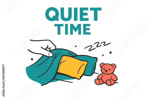 Illustration of quiet time with teddy bear and blanket