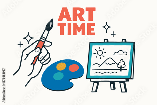 Art time: creative painting with brush and easel illustration