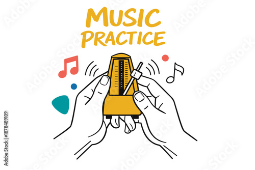 Hands adjusting metronome with musical notes symbolizing music practice