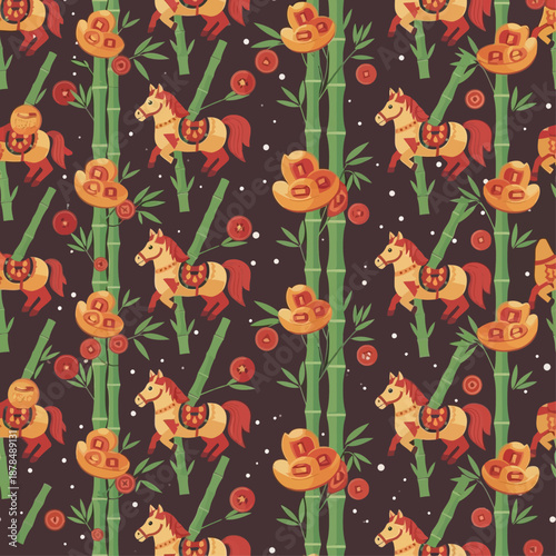 Seamless Chinese New Year Pattern with Horse, Bamboo Stalks, and Gold Ingots, Traditional Dark Background 2026 Zodiac Vector