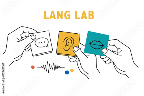 Hands holding communication symbols on cards: speech, hearing, language