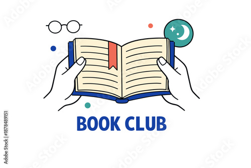 Illustration of book club with open book, glasses, and night symbol