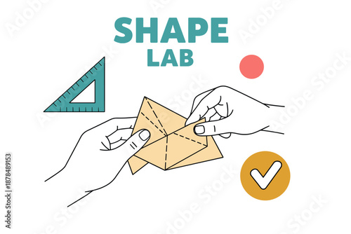Origami activity with hands folding paper and geometric shapes