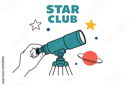 Hand holding telescope with stars planets for astronomy enthusiasts