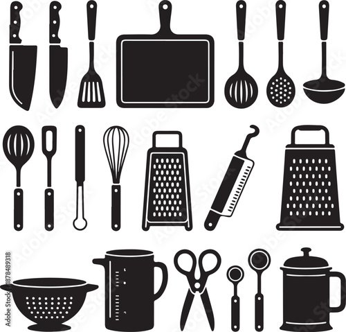 kitchen utensils and tools icons set for cooking and food preparation