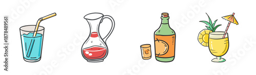 Refreshing beverages including a cocktail, wine, and a bottled drink