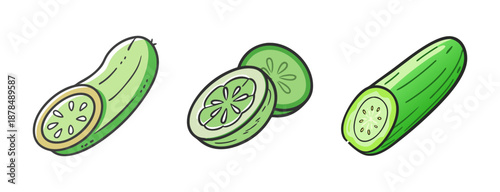 Set of three hand-drawn cartoon cucumber slices and whole cucumber