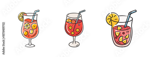 Three refreshing sangria glasses with fruit and ice, hand-drawn style