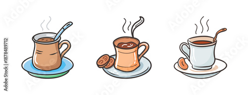 Three cups of hot Turkish coffee with steam and biscuits on saucers.