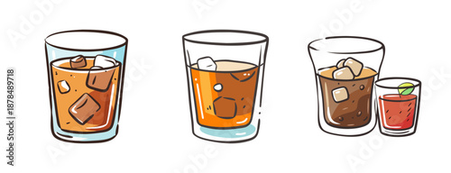 Hand-drawn vector illustrations of rum and coke cocktails with ice cubes.