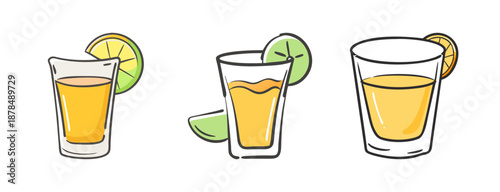 Three tequila shots with lime slices, isolated on white background, party drinks.