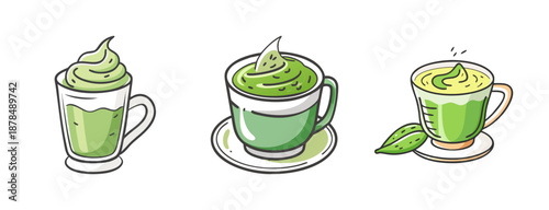 Matcha latte drinks in cups and glasses, hand-drawn style, green tea